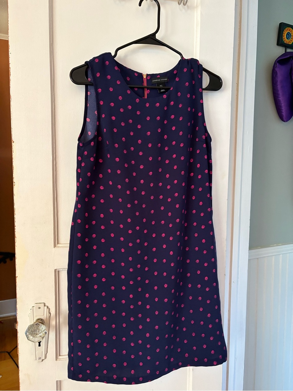 Adrienne Vittadini Navy Shift Dress with Pink Polka Dots